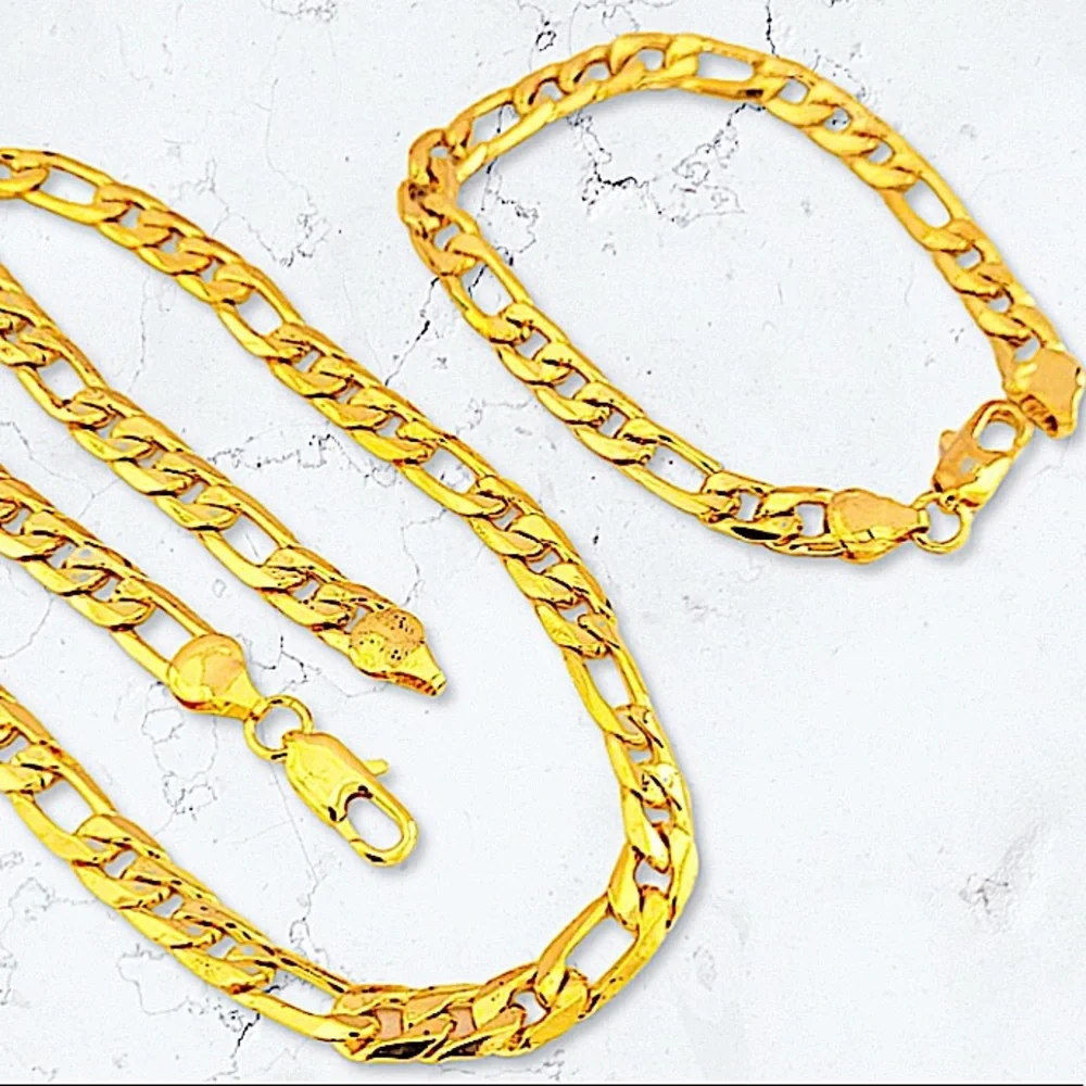 18K GOLD PLATED CUBAN FIGARO CHAIN LINK UNISEX NECKLACE BRACELET SET - Picture 3 of 14